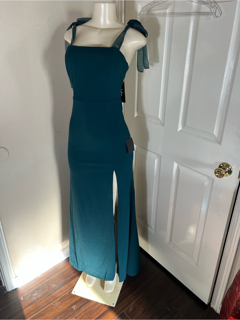 Lulu's Teal Tie-Shoulder Slit Evening Gown